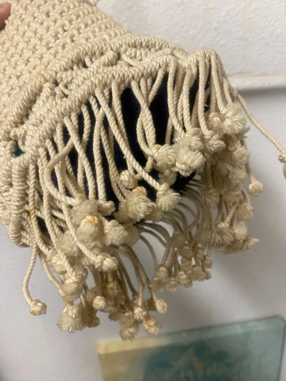 Vintage 70s -Handmade Macramé Fringe Crossbody Bag in Cream, aqua lining